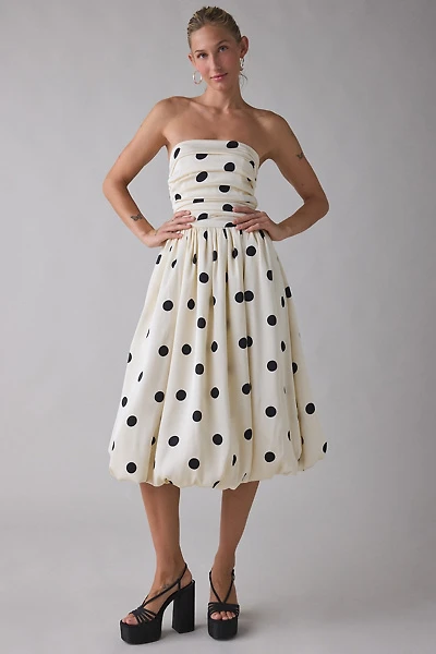Lulus Nadine Polka Dot Tie-Back Strapless Bubble Midi Dress