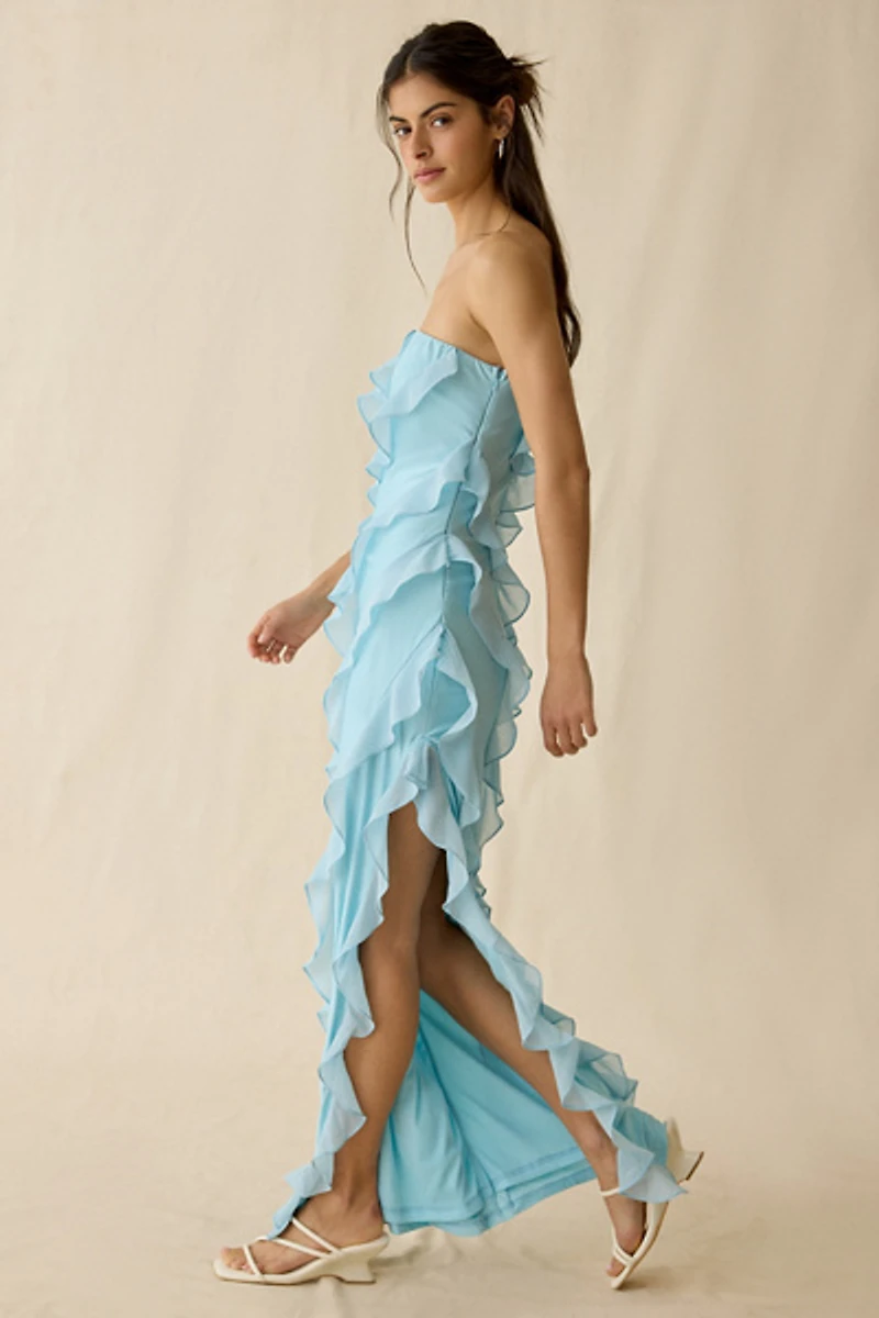 Lulus Freya Asymmetric Ruffle Strapless Maxi Dress