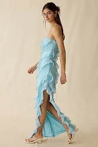 Lulus Freya Asymmetric Ruffle Strapless Maxi Dress