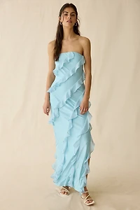 Lulus Freya Asymmetric Ruffle Strapless Maxi Dress