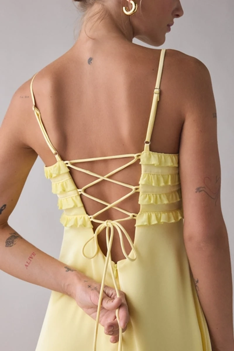 Lulus Wisteria Ruffle Trim Satin Maxi Dress