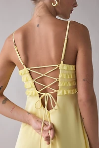 Lulus Wisteria Ruffle Trim Satin Maxi Dress