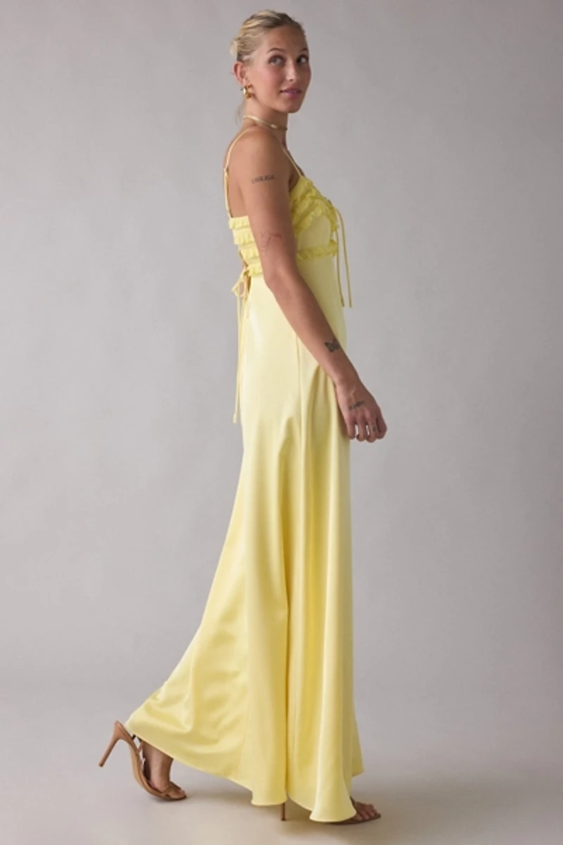Lulus Wisteria Ruffle Trim Satin Maxi Dress