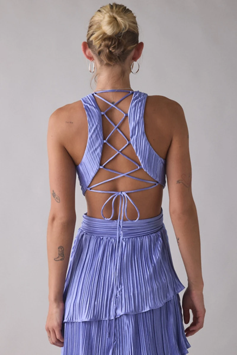 Lulus Holland Satin Pleated Tiered Lace-Up Maxi Dress