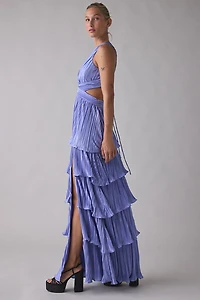 Lulus Holland Satin Pleated Tiered Lace-Up Maxi Dress