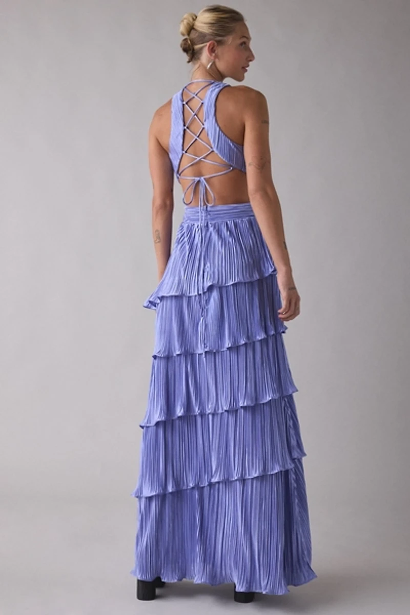 Lulus Holland Satin Pleated Tiered Lace-Up Maxi Dress