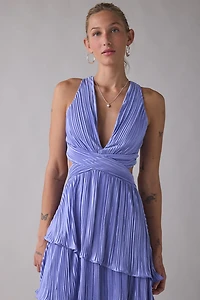 Lulus Holland Satin Pleated Tiered Lace-Up Maxi Dress