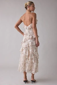 Lulus Bryson Embroidered Floral Asymmetric Ruffle Maxi Dress