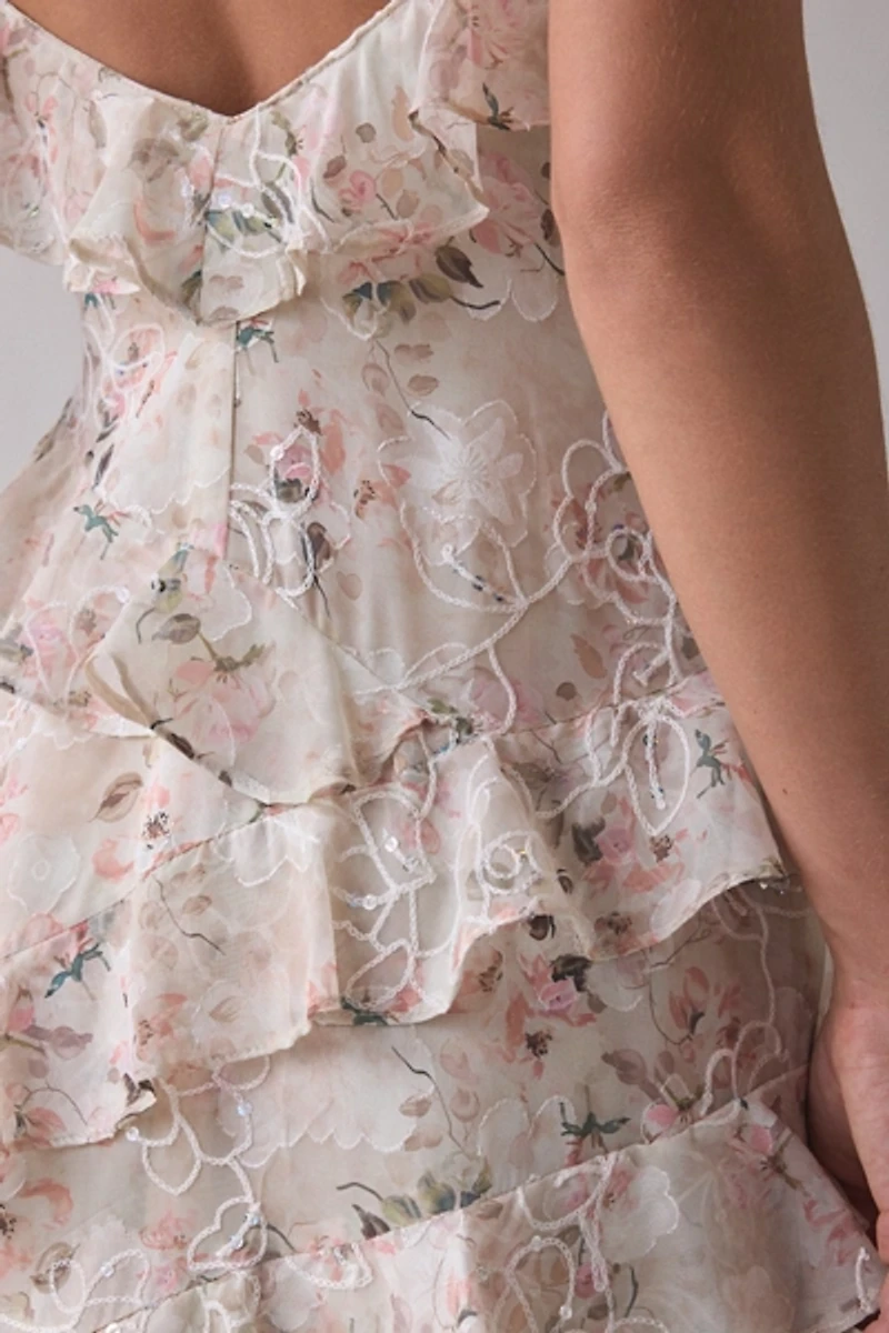 Lulus Bryson Embroidered Floral Asymmetric Ruffle Maxi Dress