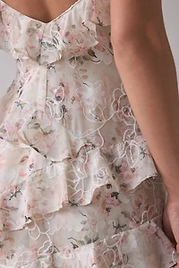 Lulus Bryson Embroidered Floral Asymmetric Ruffle Maxi Dress