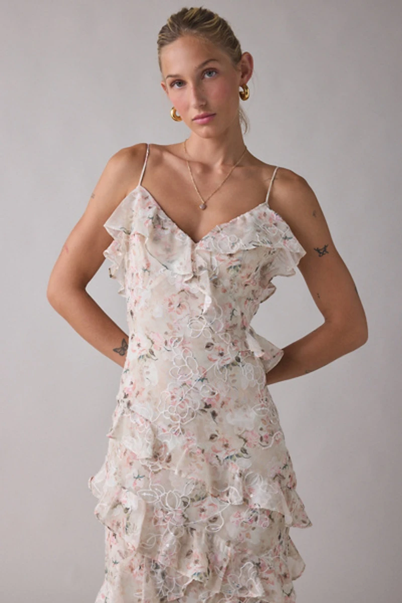 Lulus Bryson Embroidered Floral Asymmetric Ruffle Maxi Dress