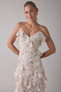 Lulus Bryson Embroidered Floral Asymmetric Ruffle Maxi Dress