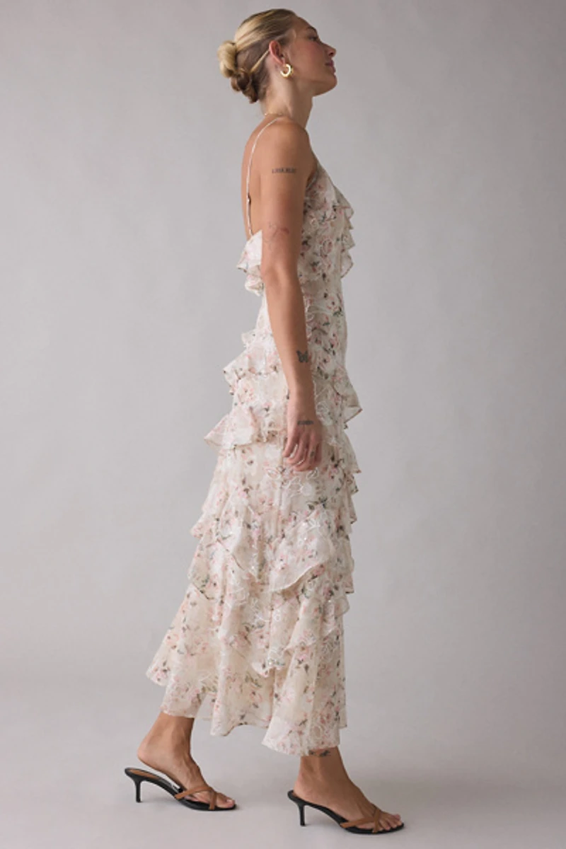 Lulus Bryson Embroidered Floral Asymmetric Ruffle Maxi Dress