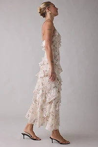 Lulus Bryson Embroidered Floral Asymmetric Ruffle Maxi Dress