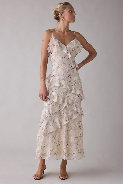 Lulus Bryson Embroidered Floral Asymmetric Ruffle Maxi Dress