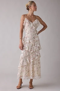 Lulus Bryson Embroidered Floral Asymmetric Ruffle Maxi Dress