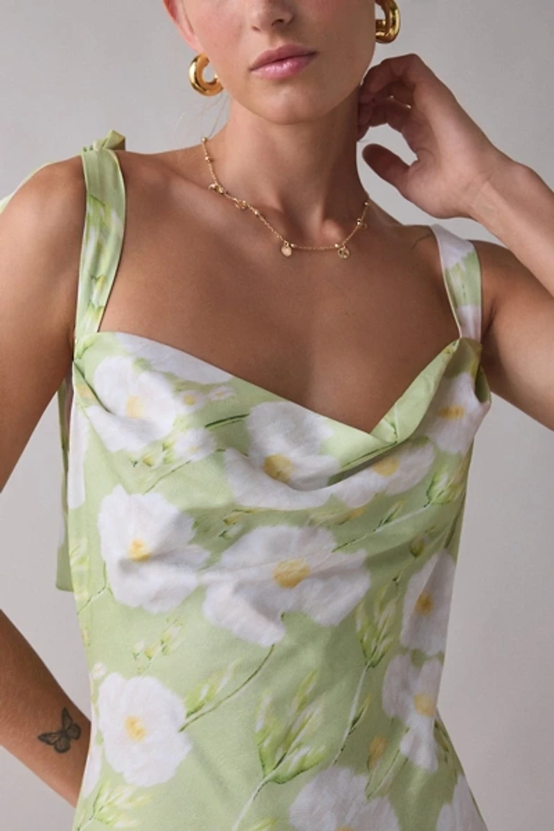 Lulus Sabine Tie-Strap Cowl Neck Satin Midi Dress