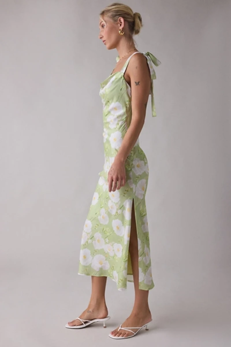 Lulus Sabine Tie-Strap Cowl Neck Satin Midi Dress