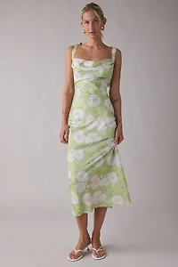 Lulus Sabine Tie-Strap Cowl Neck Satin Midi Dress