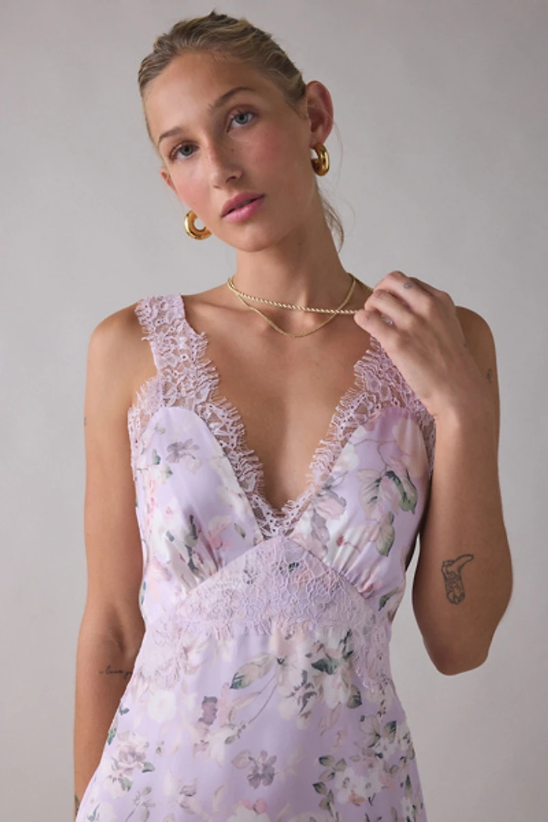Lulus Tyler Floral Lace Trim Satin Midi Dress