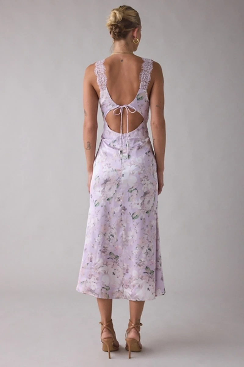Lulus Tyler Floral Lace Trim Satin Midi Dress