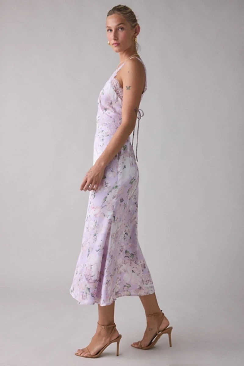 Lulus Tyler Floral Lace Trim Satin Midi Dress
