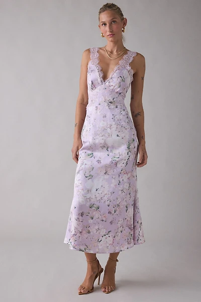 Lulus Tyler Floral Lace Trim Satin Midi Dress
