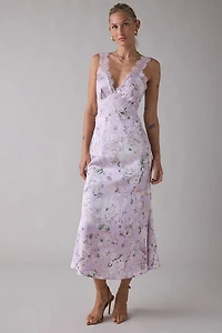 Lulus Tyler Floral Lace Trim Satin Midi Dress