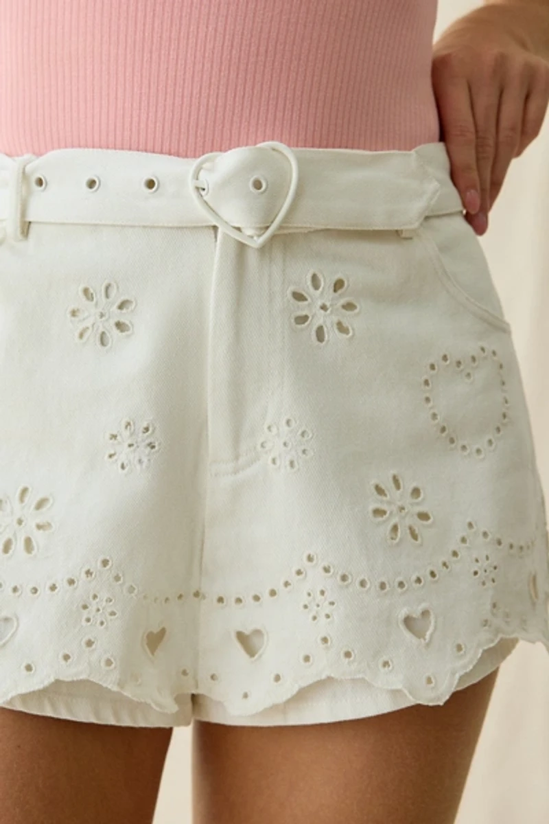 For Love & Lemons Heart Eyelet High-Waisted Denim Shorts