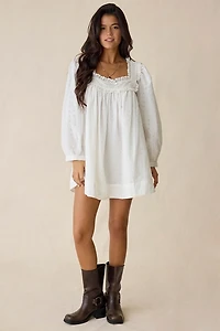 For Love & Lemons Susie Eyelet Lace Long Sleeve Babydoll Mini Dress