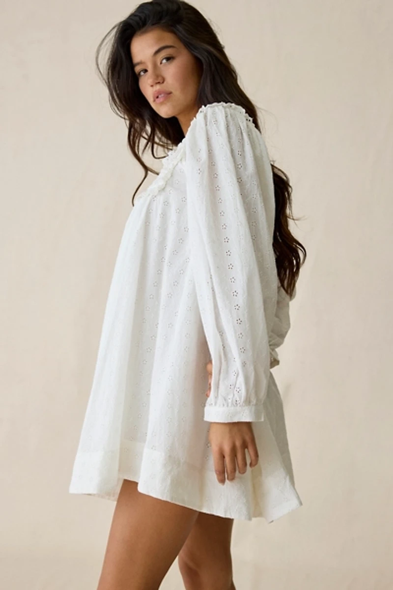 For Love & Lemons Susie Eyelet Lace Long Sleeve Babydoll Mini Dress