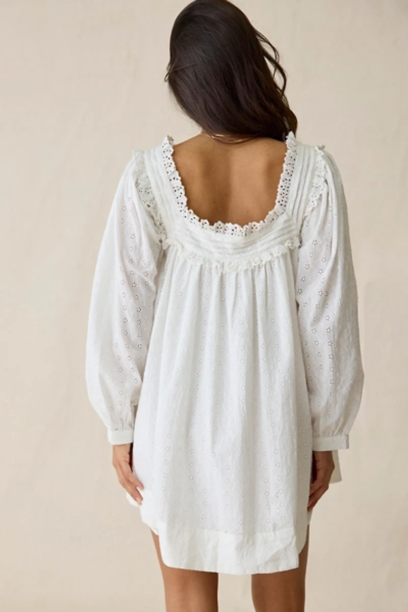 For Love & Lemons Susie Eyelet Lace Long Sleeve Babydoll Mini Dress