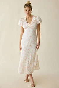 Lulus Archie Ruffle Puff Sleeve Satin Maxi Dress