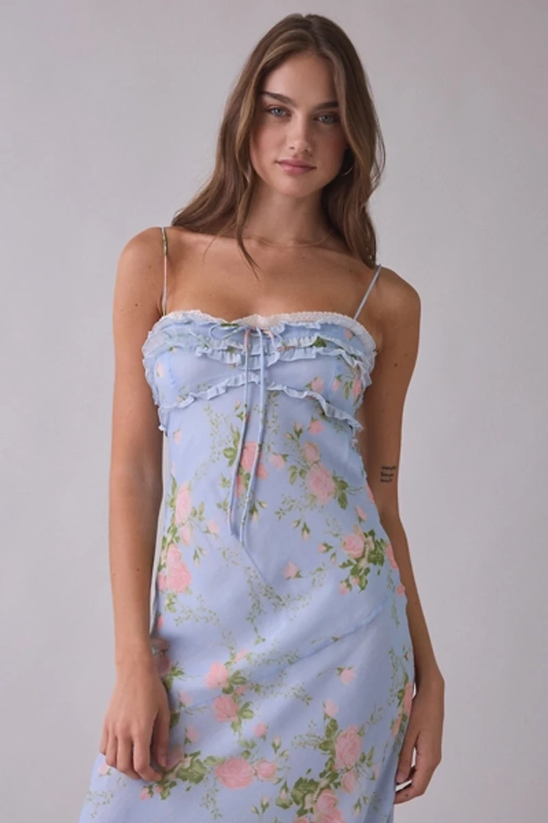 For Love & Lemons Natalie Bias Cut Chiffon Maxi Dress
