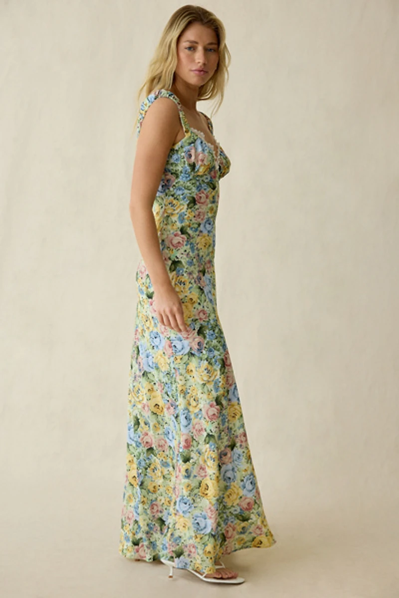 For Love & Lemons Emmaline Lace Trim Chiffon Maxi Dress
