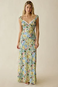 For Love & Lemons Emmaline Lace Trim Chiffon Maxi Dress