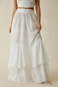 For Love & Lemons Lou Lace Trim Tiered Maxi Skirt
