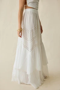 For Love & Lemons Lou Lace Trim Tiered Maxi Skirt