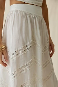 For Love & Lemons Lou Lace Trim Tiered Maxi Skirt
