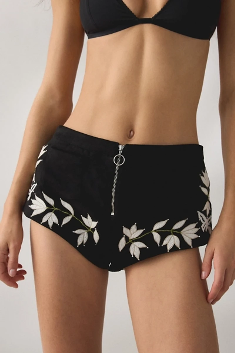 For Love & Lemons Weston Embroidered Faux Suede Micro Short