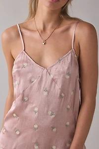 Muse Assembly Dahlia Floral Embroidered Satin Slip Mini Dress