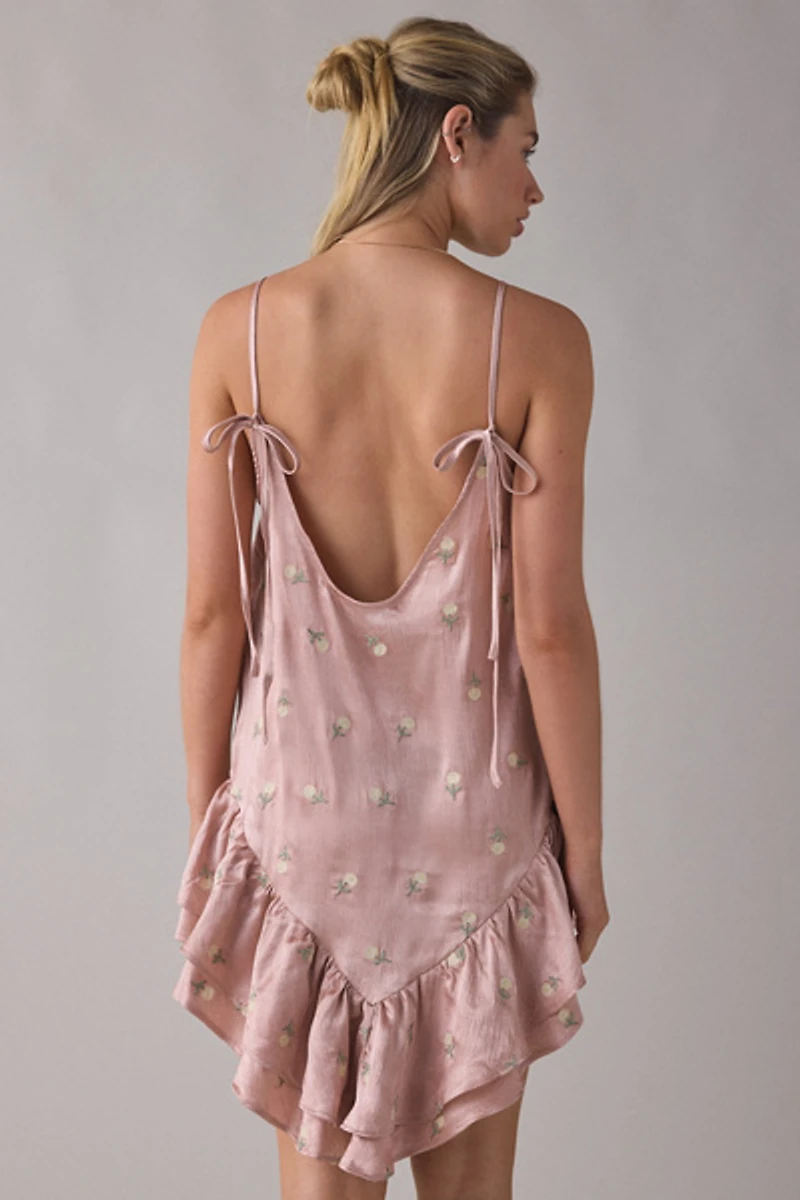 Muse Assembly Dahlia Floral Embroidered Satin Slip Mini Dress