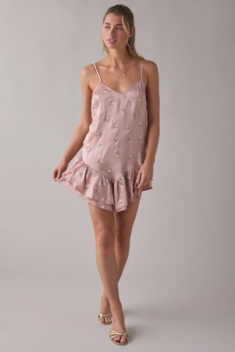 Muse Assembly Dahlia Floral Embroidered Satin Slip Mini Dress