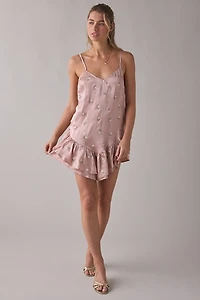 Muse Assembly Dahlia Floral Embroidered Satin Slip Mini Dress