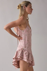 Muse Assembly Dahlia Floral Embroidered Satin Slip Mini Dress