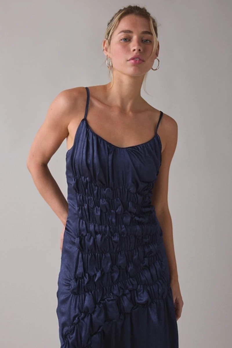Muse Assembly Amelia Ruched Ruffle Tie-Strap Satin Maxi Dress