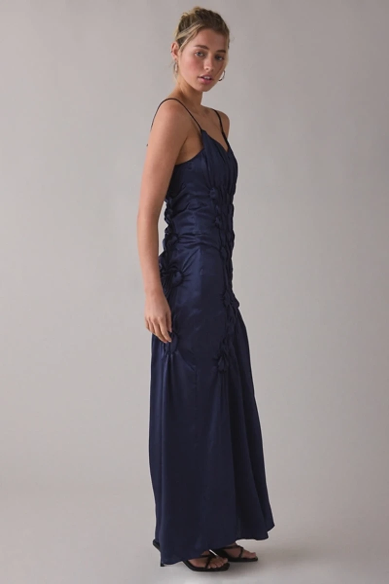 Muse Assembly Amelia Ruched Ruffle Tie-Strap Satin Maxi Dress