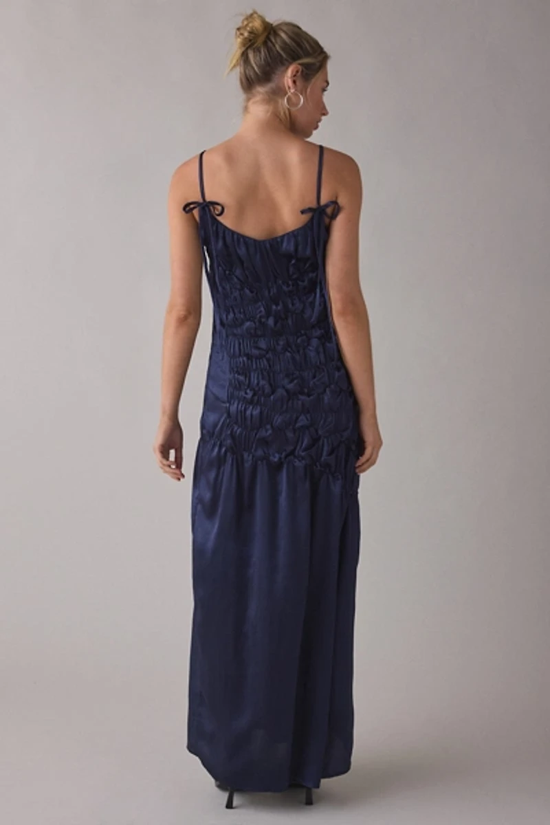 Muse Assembly Amelia Ruched Ruffle Tie-Strap Satin Maxi Dress