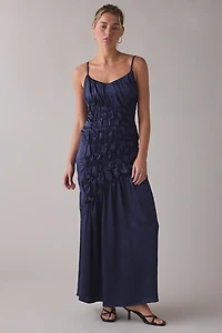 Muse Assembly Amelia Ruched Ruffle Tie-Strap Satin Maxi Dress