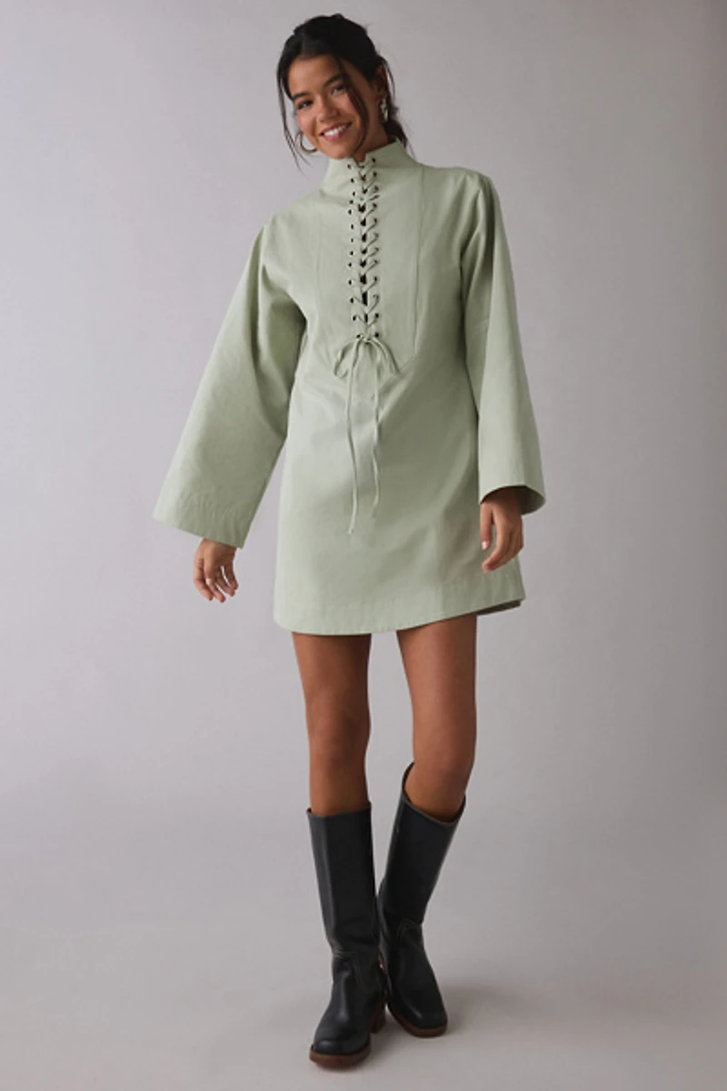 Ghospell Finna Eyelet Lace-Up Long Sleeve Mini Dress